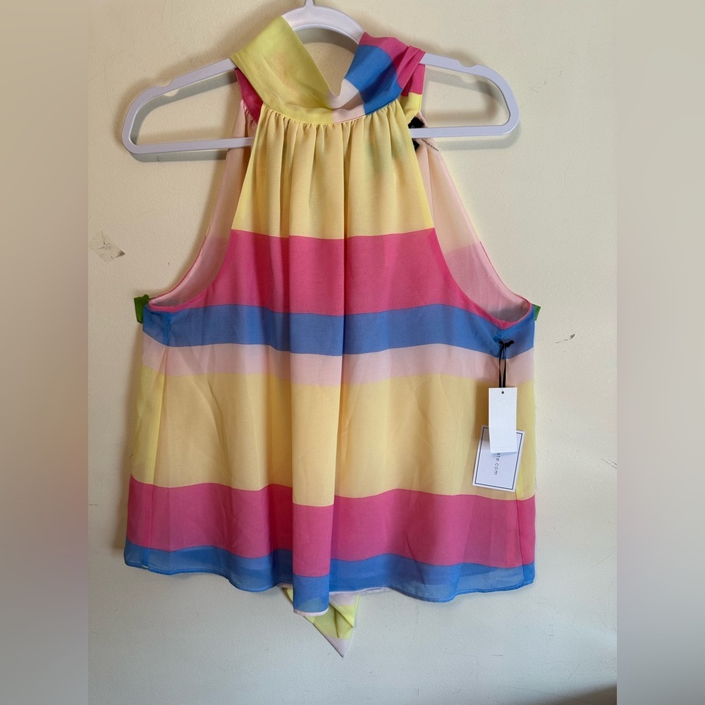 1 State Large Stitch Fix Striped Chiffon Tie Back Keyhole Halter High Neck NWT